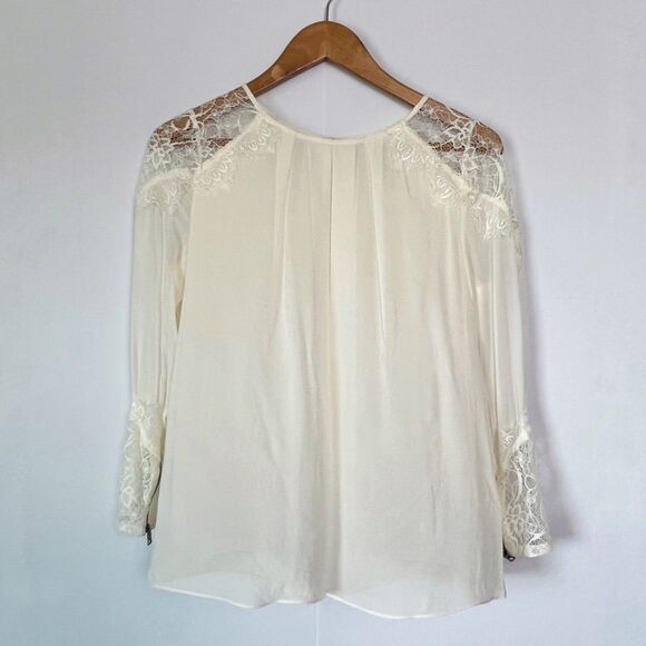 ALICE + OLIVIA Ivory Danyelle Lace Detail Bateau Neckline Sleeve Silk Blouse - Picture 2 of 11